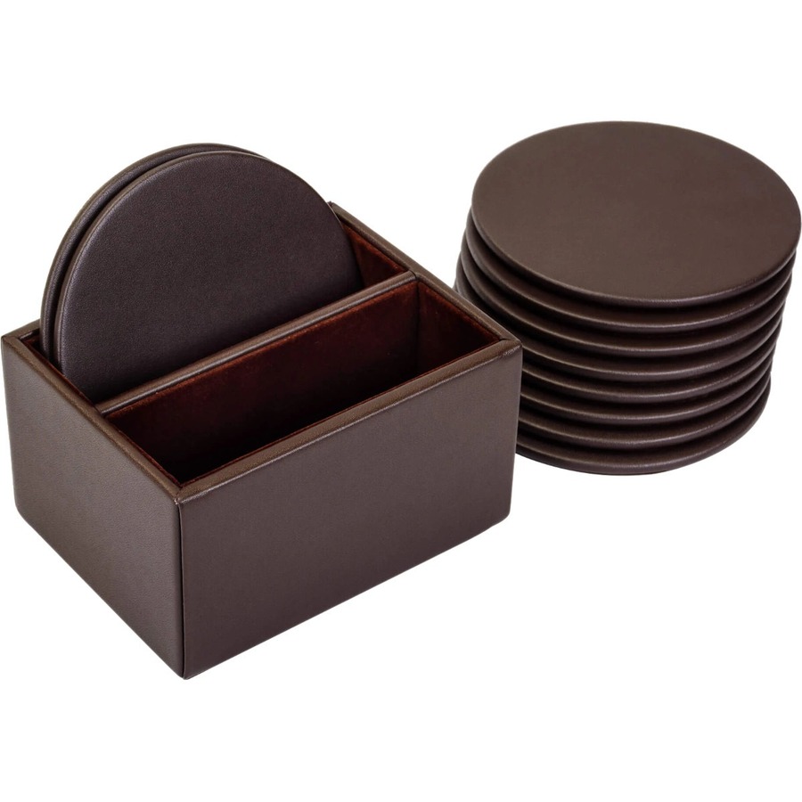 Dacasso Leather Round Coaster Set - Round - Chocolate Brown - Top Grain Leather - 1Each