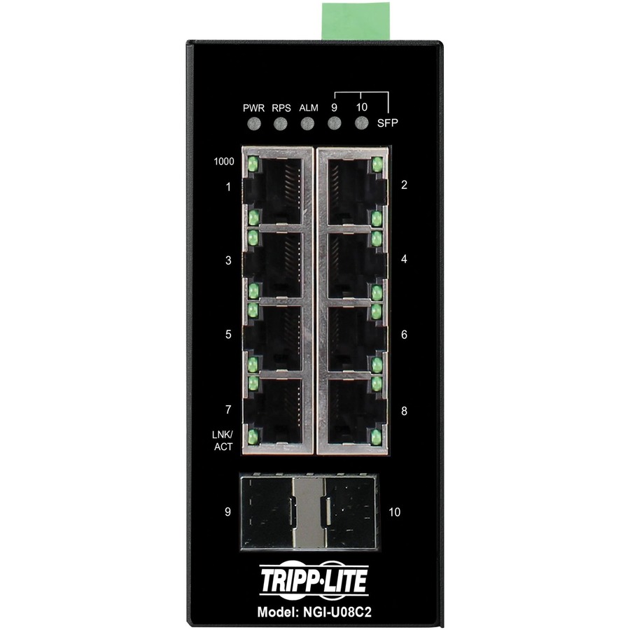 Tripp Lite by Eaton 8-Port Unmanaged Industrial Gigabit Ethernet Switch 10/100/1000 Mbps 2 GbE SFP Slots -40Â&deg; to 75Â&deg;C DIN Mount - TAA Compliant