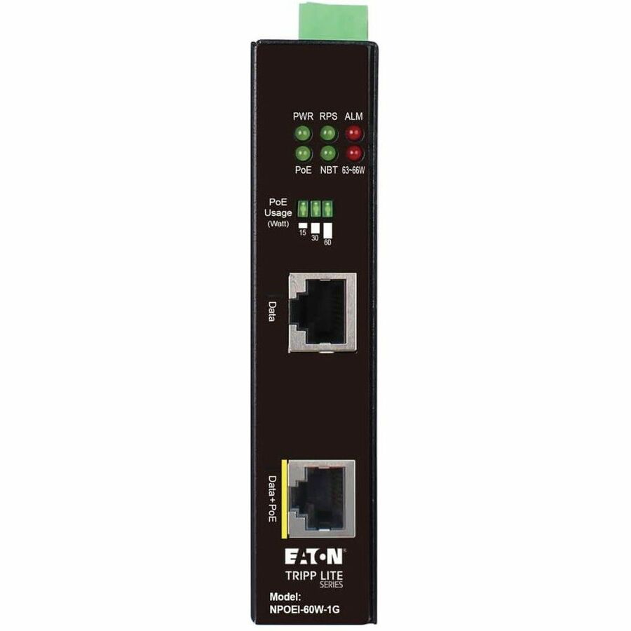 Tripp Lite by Eaton Industrial Gigabit Ethernet PoE injector 60W PoE++ 802.3bt Midspan -40&acirc;"? to +75&acirc;"? IP30 housing Dual 24-57VDC DIN rail 1 Port