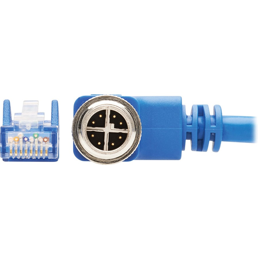 Eaton Tripp Lite Series M12 X-Code Cat6 1G UTP CMR-LP Ethernet Cable (Right-Angle M12 M/RJ45 M), IP68, PoE, Blue, 10 m (32.8 ft.), TAA