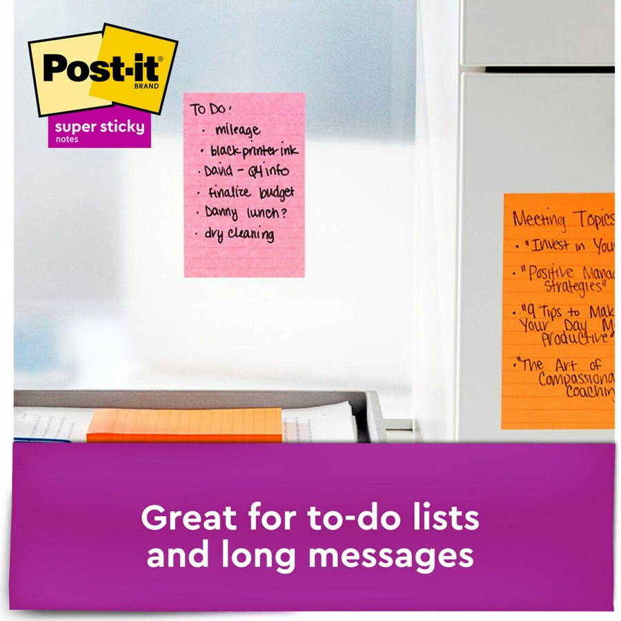 Post-it® Super Sticky Notes - Supernova Neons Color Collection - 4" x 6" - Rectangle - 45 Sheets per Pad - Blue, Green, Pink, Lilac - Sticky - 24 / Pack