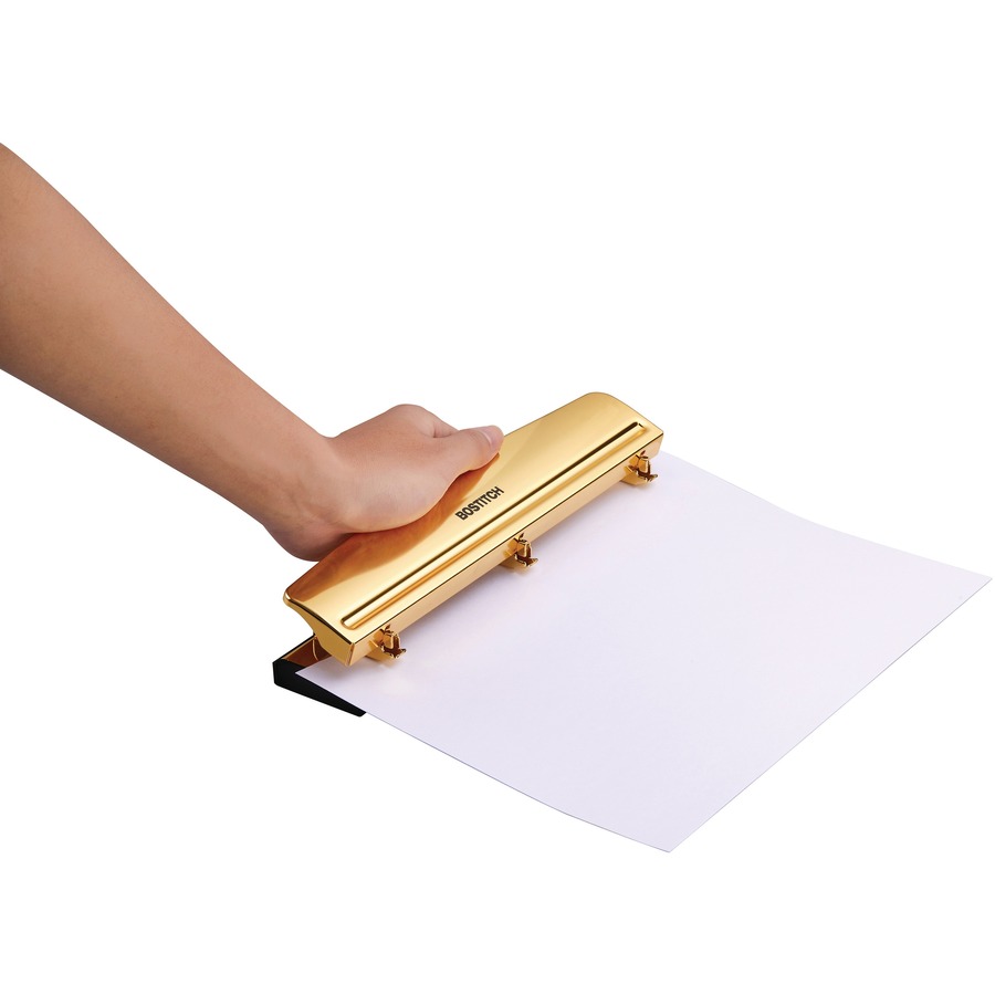 Bostitch Executive Three-Hole Punch 12 Sheets Gold - 3 Punch Head(s) - 12 Sheet - Metal, Rubber - Gold, Chrome -  - BOSHP12GOLD