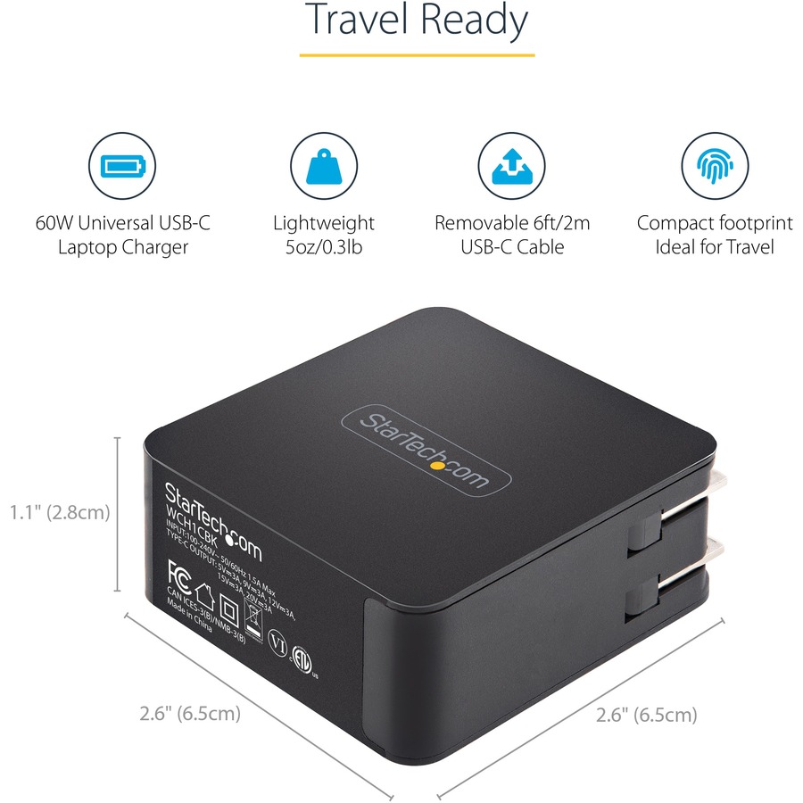 StarTech.com USB C Wall Charger, 60W PD with 6ft/2m Cable, Portable USB Type C Laptop Charger, Universal Adapter, USB IF/ETL Certified - 60 Watt PD Universal USB-C laptop AC wall charger w/ 6ft cable - Compact Travel size - USB Type C portable fast charge = STCWCH1CBK