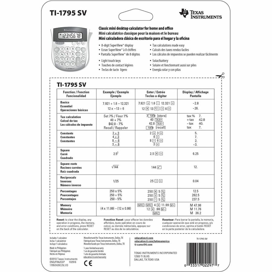 Texas Instruments TI1795SV mini desktop calculator for office desks and counters — alternate view 2
