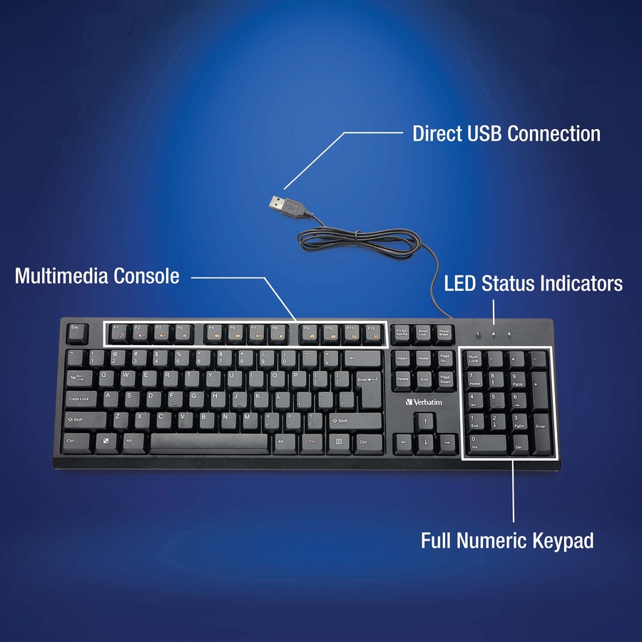 Verbatim Wired Keyboard and Mouse - USB Cable Keyboard - USB Mouse - 1000 dpi - Multimedia Hot Key(s) - Symmetrical - Compatible with Linux, Windows, ChromeOS, Mac, PC, Mac OS