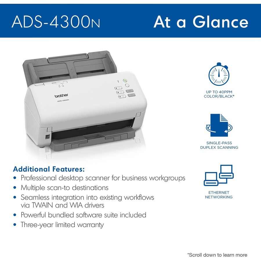 Brother Professional Desktop Scanner ADS-4300N - 48-bit Color - 40 ppm (Mono) - 40 ppm (Color) - Duplex Scanning - USB