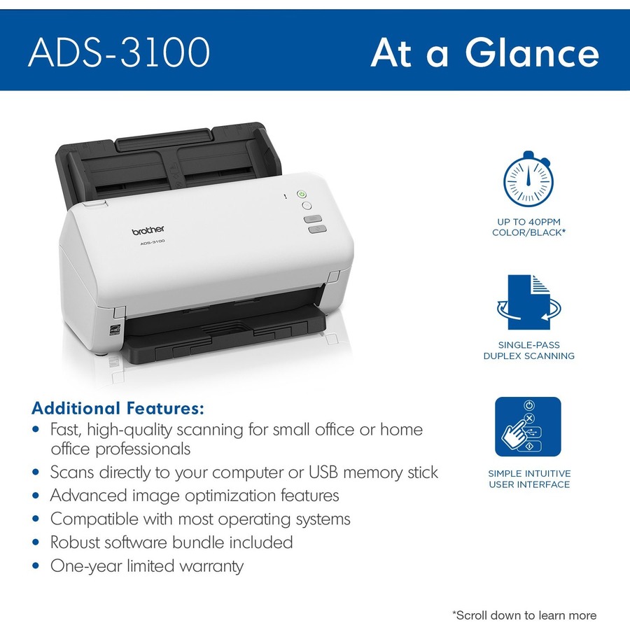 Brother ADS-3100 Sheetfed Scanner - 600 x 600 dpi Optical - 48-bit Color - 40 ppm (Mono) - 40 ppm (Color) - Duplex Scanning - USB