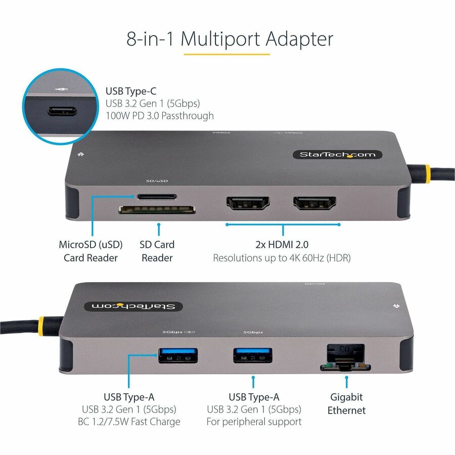 StarTech USB C Multiport Adapter, Dual HDMI, 4K 60Hz, 2x 5Gbps USB-A Hub, 100W Power Delivery, GbE, SD/MicroSD, USB C Mini Dock