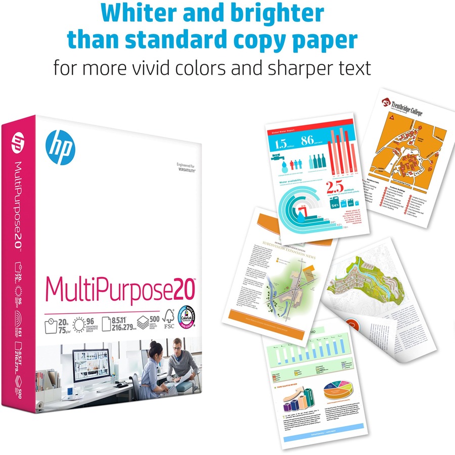 HP Papers MultiPurpose20 8.5x11 Copy & Multipurpose Paper - White - 96 Brightness - Letter - 8 1/2" x 11" - 20 lb Basis Weight - Smooth - 500 / Ream - FSC - Copy & Multi-use White Paper - HEW112000