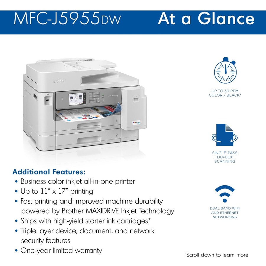 Brother Workhorse MFC-J5955DW Wireless Inkjet Multifunction Printer - Color - Copier/Fax/Printer/Scanner - 30 ppm Mono/30 ppm Color Print - 1200 x 4800 dpi Print - Automatic Duplex Print - Color Flatbed/CIS Scanner - 1200 dpi Optical Scan - Color Fax - Et