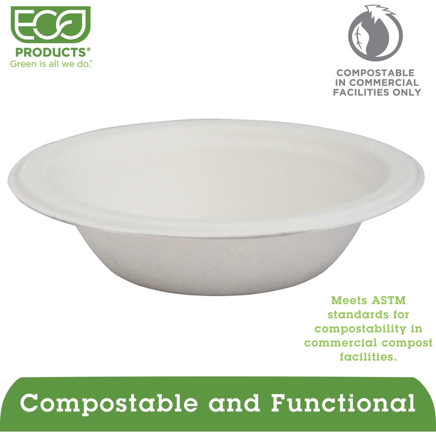 Eco-Products Vanguard 12 oz Sugarcane Bowls - Breakroom - Disposable - Microwave Safe - White - Sugarcane Fiber Body - 1000 / Carton
