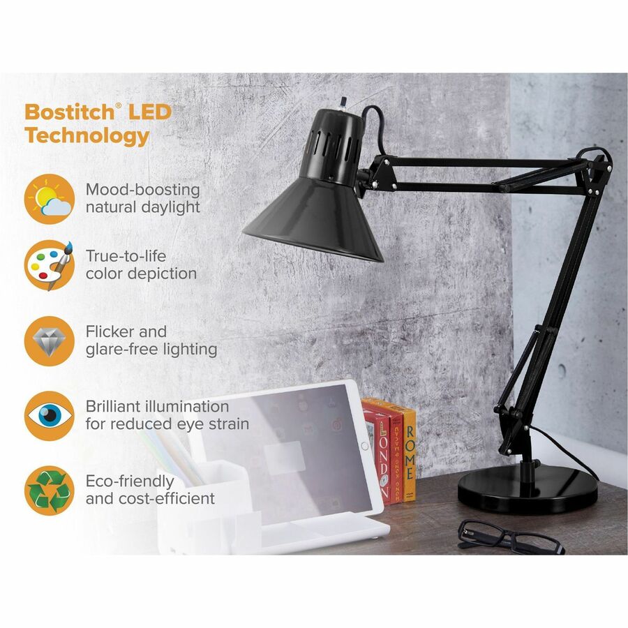 Bostitch Swing Arm Desk Lamp with Weighted Base, Black - LED Bulb - Swivel Arm, Weighted Base, Glare-free Light, Flicker-free, Adjustable Arm, Durable, Flexible Arm, Eco-friendly - Metal - Desk Mountable, Table Top - Black - for Desk, Table, Office, Home,