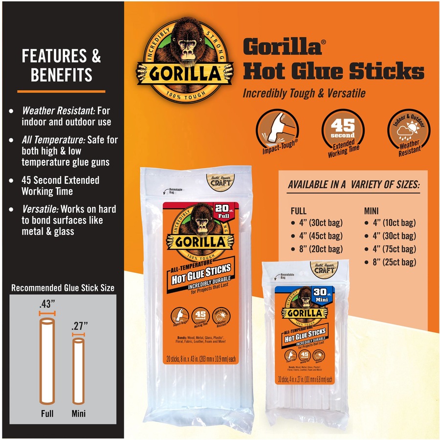 Gorilla Glue Mini Hot Glue Sticks - 30 / Pack - Clear 