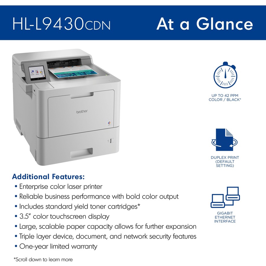 Brother Workhorse HL-L9430CDN Enterprise Color Laser Printer with Fast Printing, Large Paper Capacity, and Advanced Security Features