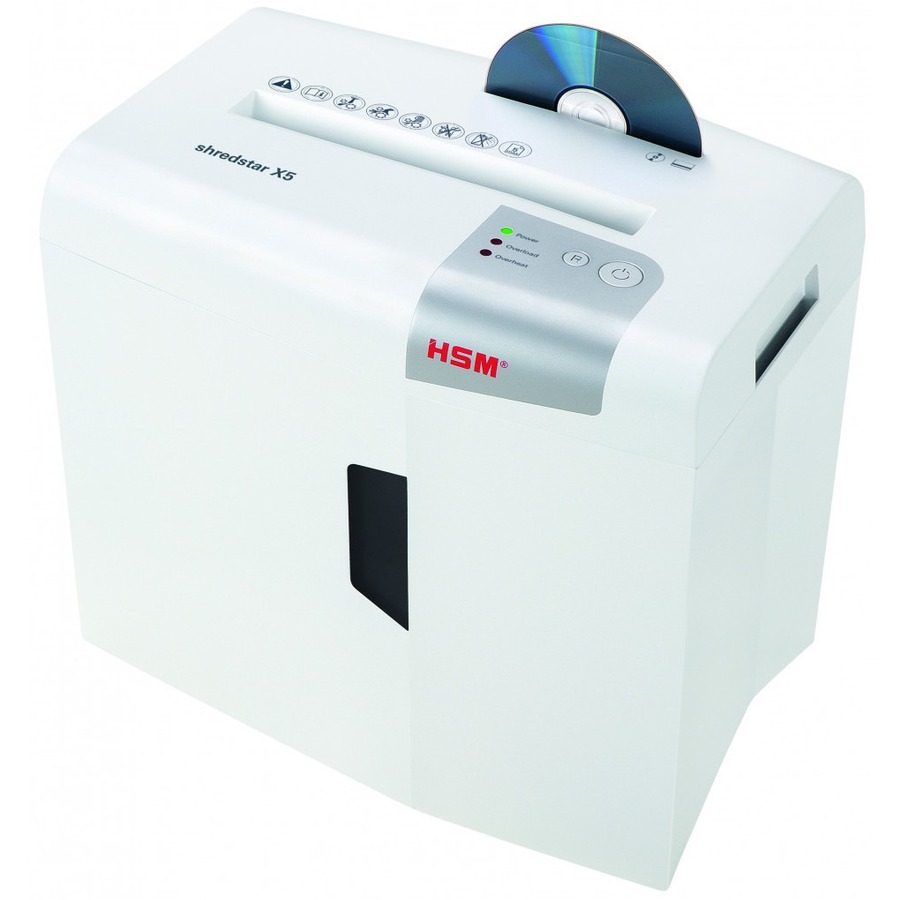 HSM Shredstar X5 Shredder - Particle Cut - 5 Per Pass - for shredding CD, DVD, Paper, Staples, Paper Clip, Credit Card - 0.188" x 1.125" Shred Size - P-4/O-1/T-2/E-2/F-1 - 8.66" Throat - 4.80 gal Wastebin Capacity - White