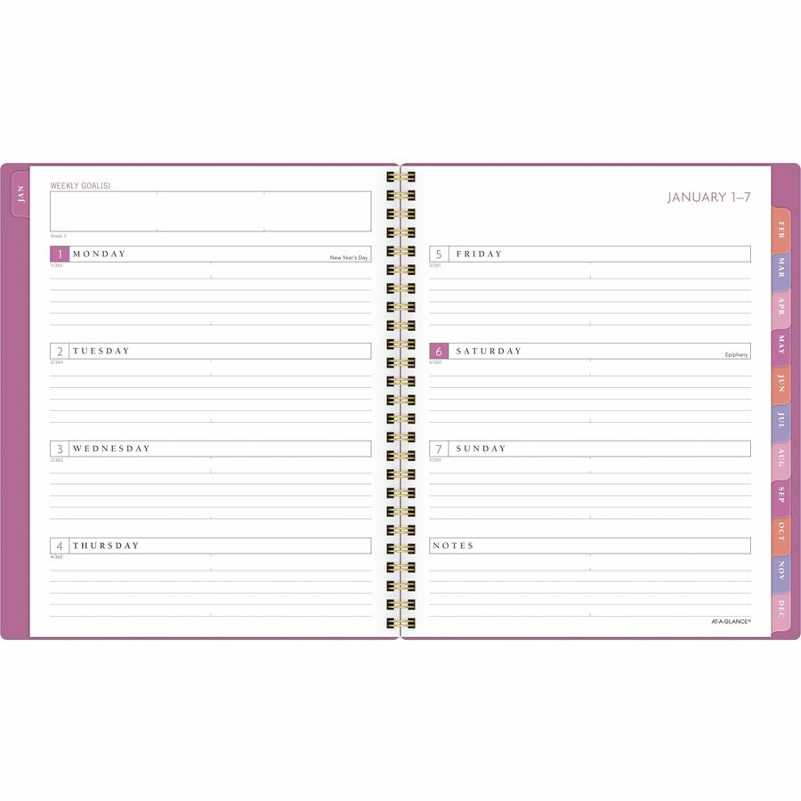 At-A-Glance Badge Weekly/Monthly Planner - Small Size - Weekly, Monthly - 13 Month - January 2024 - January 2025 - 7" x 8 3/4" Sheet Size - Twin Wire - Purple, White - Paper - Bleed Resistant, Dated Planning Page, Reference Calendar, Durable, Flexible, Do