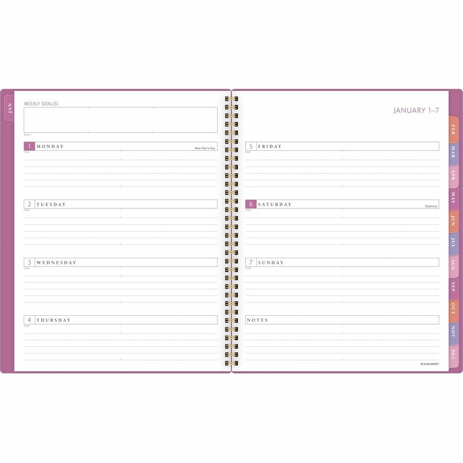 At-A-Glance Badge Weekly/Monthly Planner - Large Size - Weekly, Monthly - 13 Month - January 2024 - January 2025 - 8 1/2" x 11" Sheet Size - Twin Wire - Purple, White - Paper - Bleed Resistant, Dated Planning Page, Reference Calendar, Durable, Flexible, D