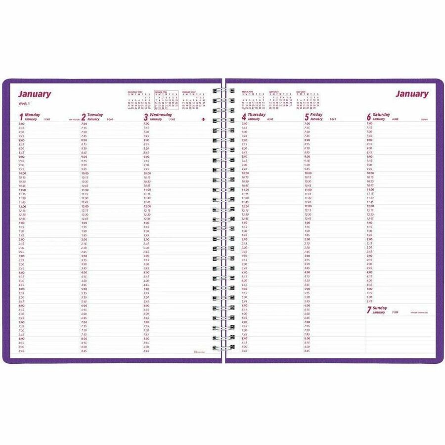 Brownline DuraFlex Weekly Appointment Planner - Weekly - 12 Month - January 2024 - December 2024 - 7:00 AM to 8:45 PM - Quarter-hourly - Monday - Friday, 7:00 AM to 5:45 PM - Quarter-hourly - Saturday - 2 Week Double Page Layout - 8 1/2" x 11" Sheet Size 