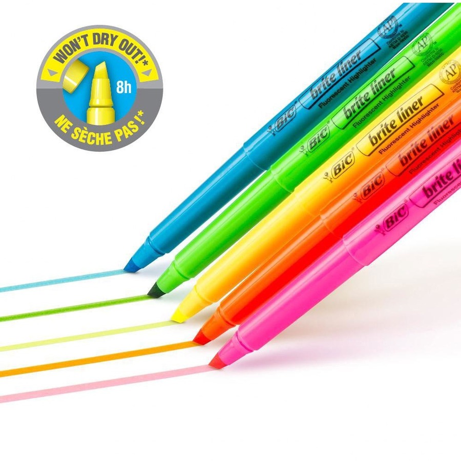 BIC Brite Liner Highlighters - Chisel Marker Point Style - Refillable - Retractable - Fluorescent Assorted Water Based Ink - 5 / Pack - Pen-Style Highlighters - BICBLP51AST