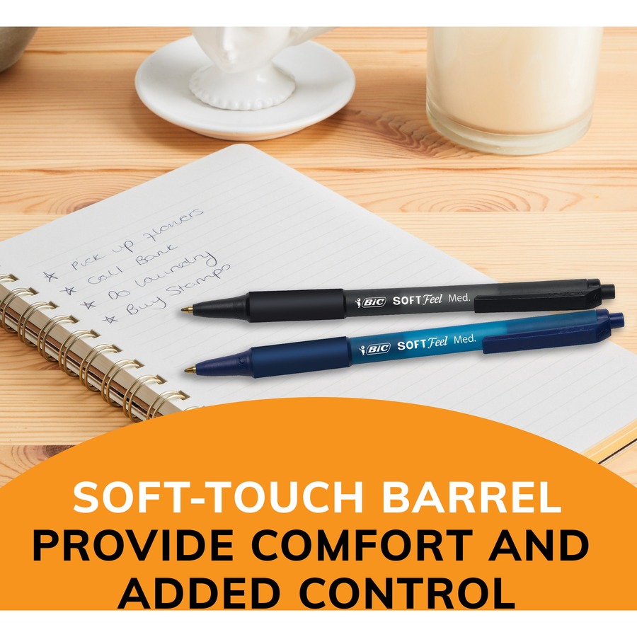 BIC SoftFeel Retractable Ball Pens - Medium Pen Point - Retractable - Black - Black Rubber Barrel - 12 / Dozen - Ballpoint Retractable Pens - BICSCSM11BK