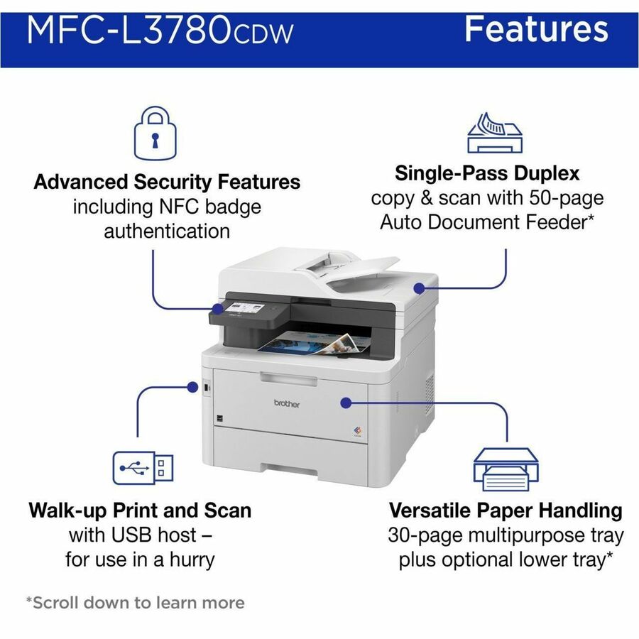 Brother MFC-L3780CDW Wireless Digital Color All-in-One Printer with Laser Quality Output, Copy, Scan, and Fax, Single Pass Duplex Copy and Scan, Duplex and Mobile Printing, Gigabit Ethernet - Copier/Fax/Printer/Scanner - 31 ppm Mono/31 ppm Color Print - 2