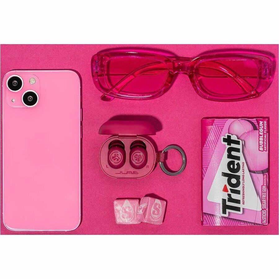 JLab JBuds Mini true wireless earbuds in pink with compact charging case — alternate view 2