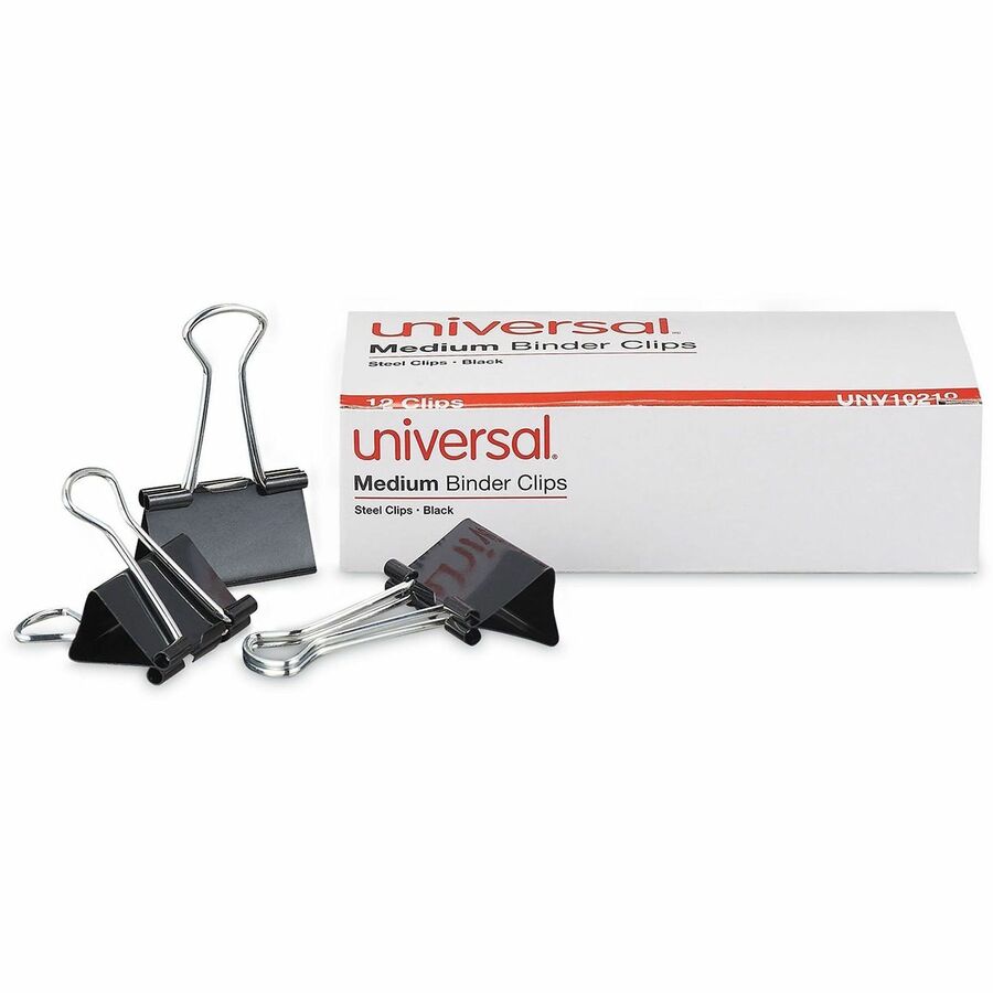 Universal Binder Clip - Medium - 1.3" Width - 0.63" Size Capacity - for School, Home, Office, Paper - Sturdy, Foldable - Black, Silver - Metal, Steel Wire - 12 / Box
