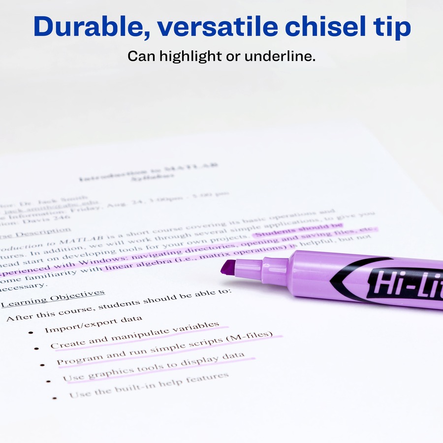 Avery® Desk Style Highlighters - Chisel Marker Point Style - Fluorescent Purple - Purple Barrel - Tank-Style Highlighters - AVE24060