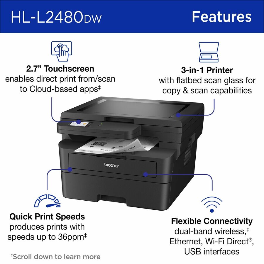 Brother Wireless HL-L2480DW Compact Monochrome Multi-Function Laser Printer with Print, Copy and Scan, Duplex and Mobile Printing