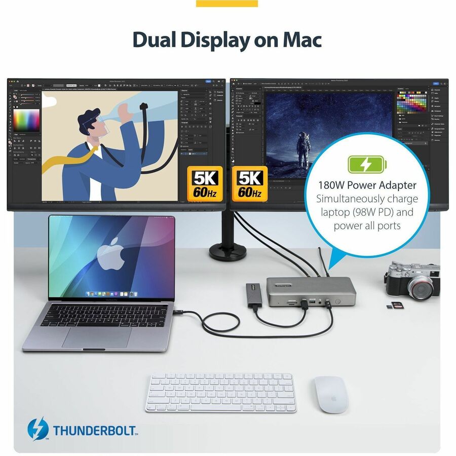 StarTech Universal USB4 & Thunderbolt 4 Docking Station, Quad Display on Windows, Dual Display on MacBook, HDMI DP Dock, 100W Charging