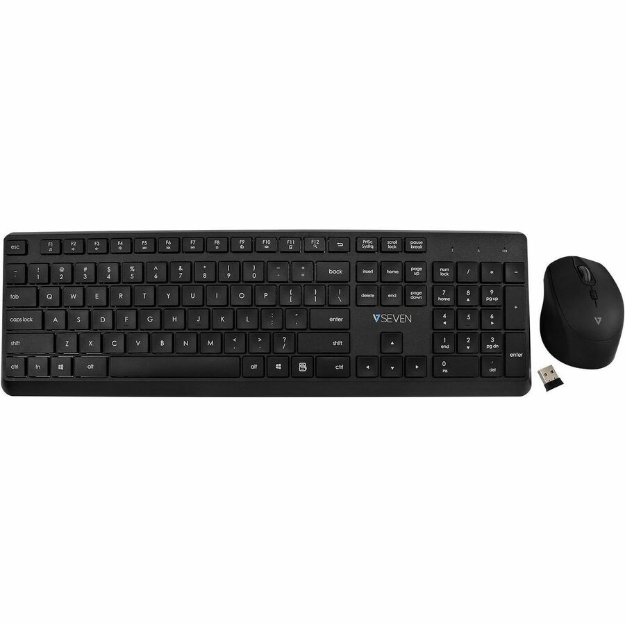 V7 CKW350US 2.4Ghz Wireless Quiet Keyboard and Mouse Combo - US Layout - English (US) - QWERTY - Business - Black - Wireless Connectivity - Full Size - USB Interface - Windows - MacOS - ChromeOS - Multimedia keys - Lasered keycaps - Multimedia Hot Key(s) - Desktop - Batteries Included