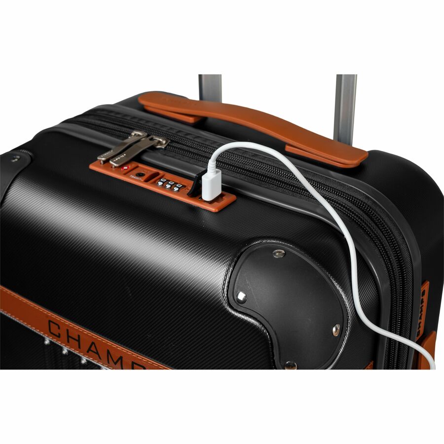 Black polycarbonate carry-on suitcase with spinner wheels for travel — alternate view 2