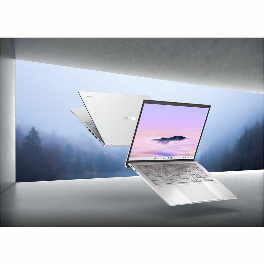 ASUS Chromebook Plus Enterprise silver laptop with 14-inch WQXGA display, Intel Core Ultra 5 115U, 8 GB RAM, and 256 GB SSD — alternate view 2