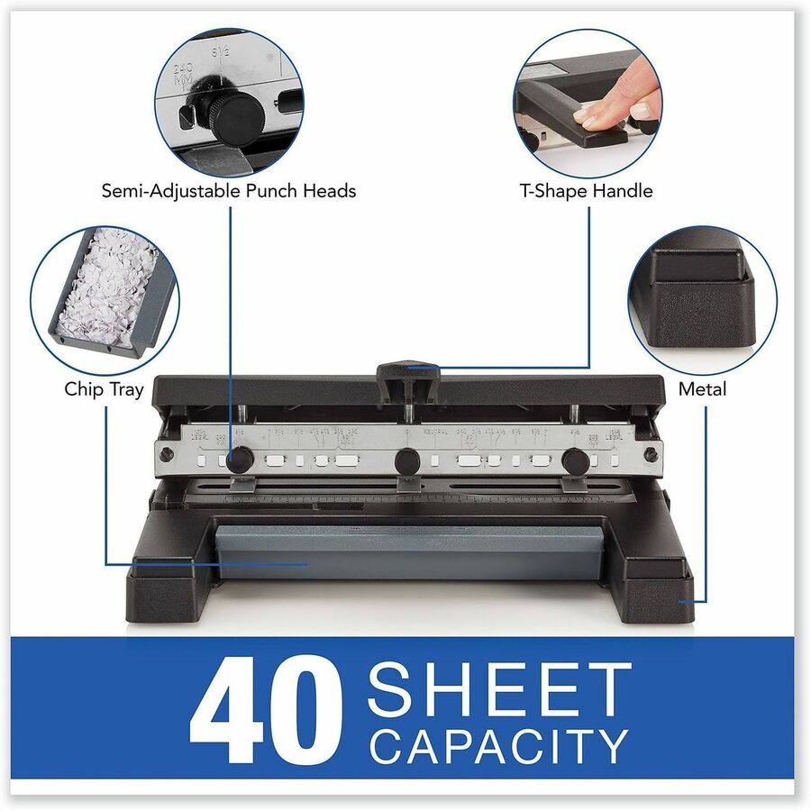 Swingline 2-4 Holes Heavy-Duty Paper Punch - 40 Sheet - 9" , 32" Punch Size - Die-cast Steel - Black - Kennedy Office