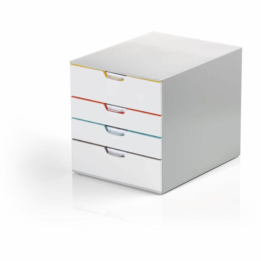 DBL762427 - Durable's contemporary VARICOLOR MIX drawer box is made of premium-quality plastics with 4 silent smooth-operating drawers. Say goodbye to large filing cabinets and enhance your organization with Colored draws giving you more space for the things you love.The unit includes transparent labelling windows and easily exchangeable printable inserts with digital templates for easy organization.All VARICOLOR draws are stackable and feature anti-slip plastic feet for stability and the protection of your desk.Includes:1 x VARICOLOR draw box4 x Clear labelling windows4 x Printable labelling insertsSize: 280 x 292 x 356 mm (W x H x L)Paper sizes: Letter Size, C4, folio and letter size formatsMade in Germany and built to last.