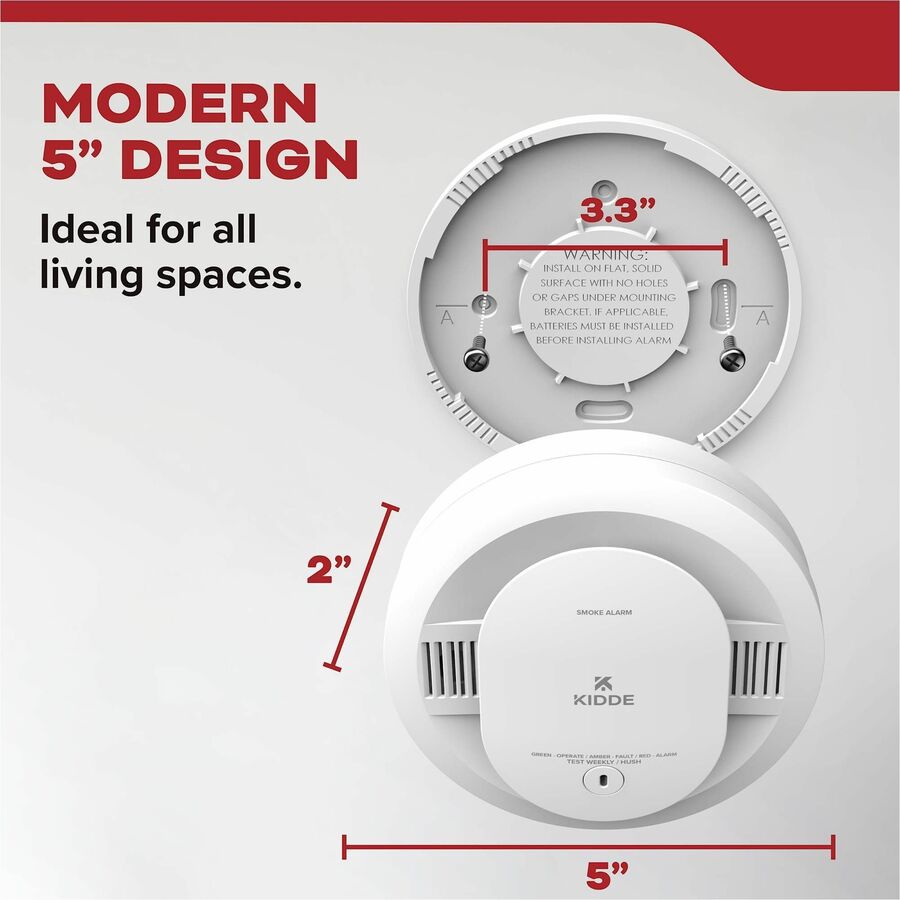 Kidde Smoke Alarm - 85 dB - Visual, Audible - Surface Mount, Wall Mountable, Ceiling Mountable - Red, Green, Amber - White