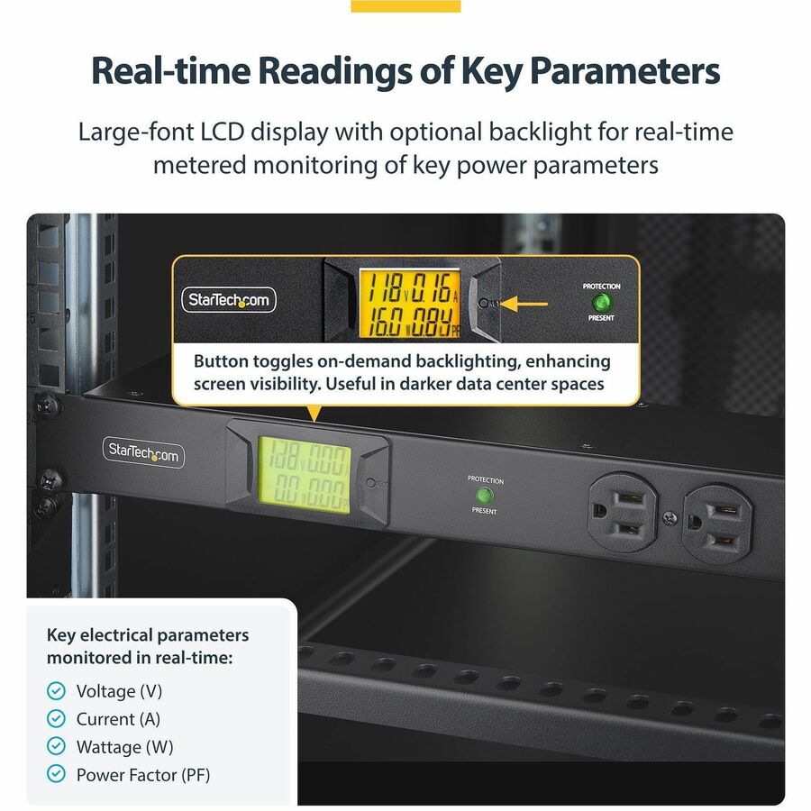 StarTech 12-Outlet Horizontal Rack Mount Metered PDU, 1U Server Power Strip w/Surge Protector, 125V/15A, 8ft (2.4m) Power Cord, TAA