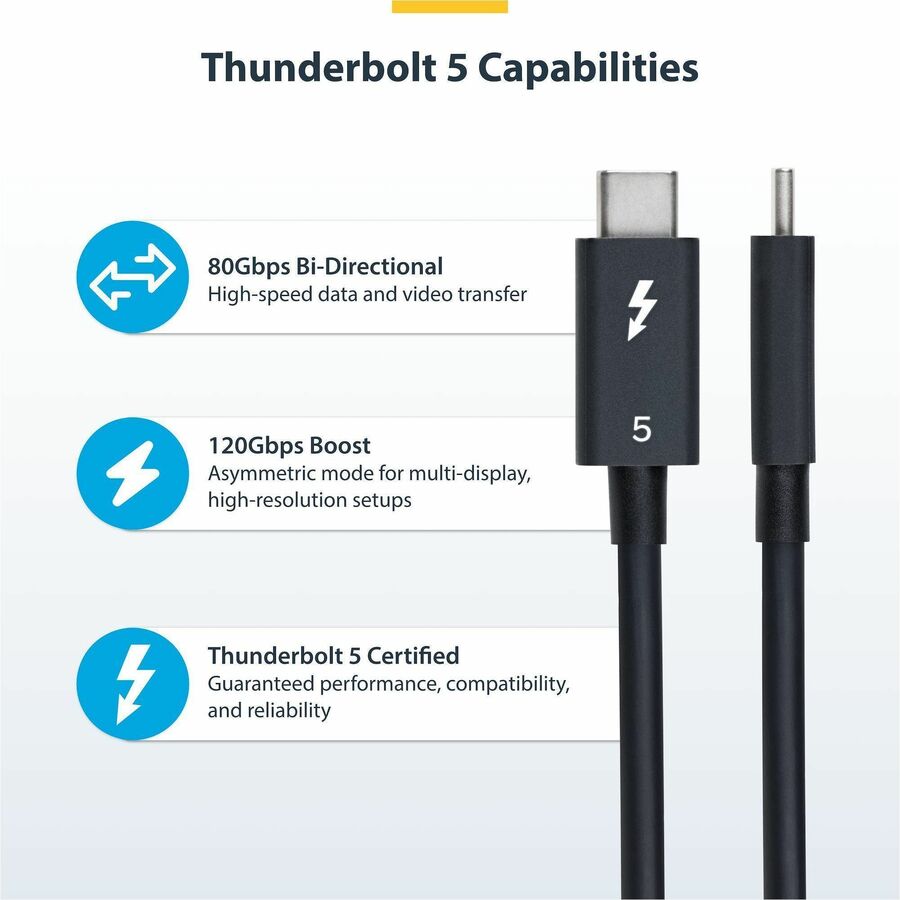StarTech 3ft (1m) Thunderbolt 5 Cable, 80Gbps/120Gbps, 240W PD, 8K 60Hz, Certified Thunderbolt Cable, Compatible w/TB4/USB-C