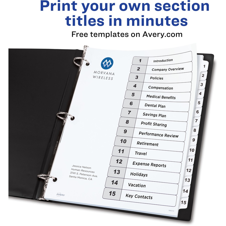 Avery® Ready Index Classic Tab Binder Dividers - 15 x Divider(s) - 1-15, Table of Contents - 15 Tab(s)/Set - 8.50" Divider Width x 11" Divider Length - 3 Hole Punched - White Paper Divider - White Paper Tab(s) - Index Dividers - AVE11142