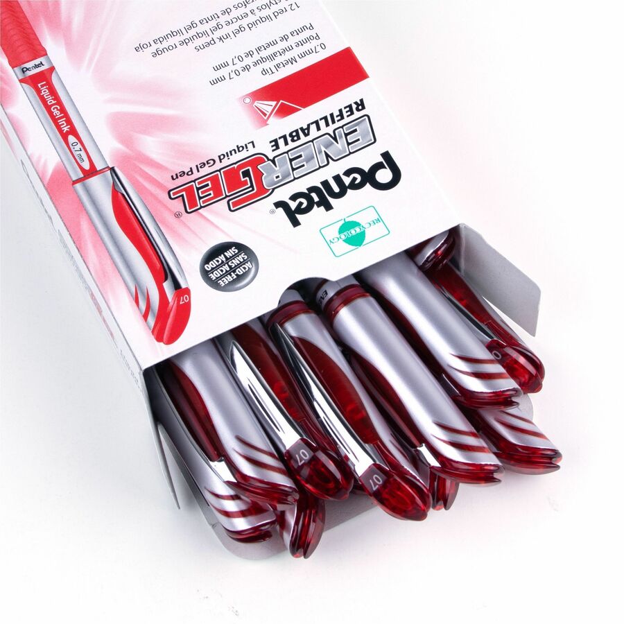 Pentel EnerGel Liquid Gel Pen, (0.7mm) Metal Tip, Capped, Red Ink