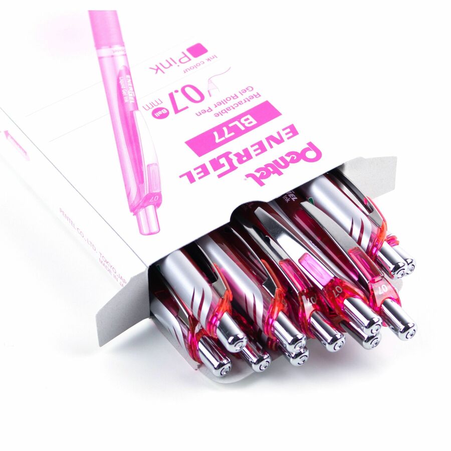 Pentel EnerGel Retractable Gel Roller, (0.7mm) Metal Tip, Pink Ink