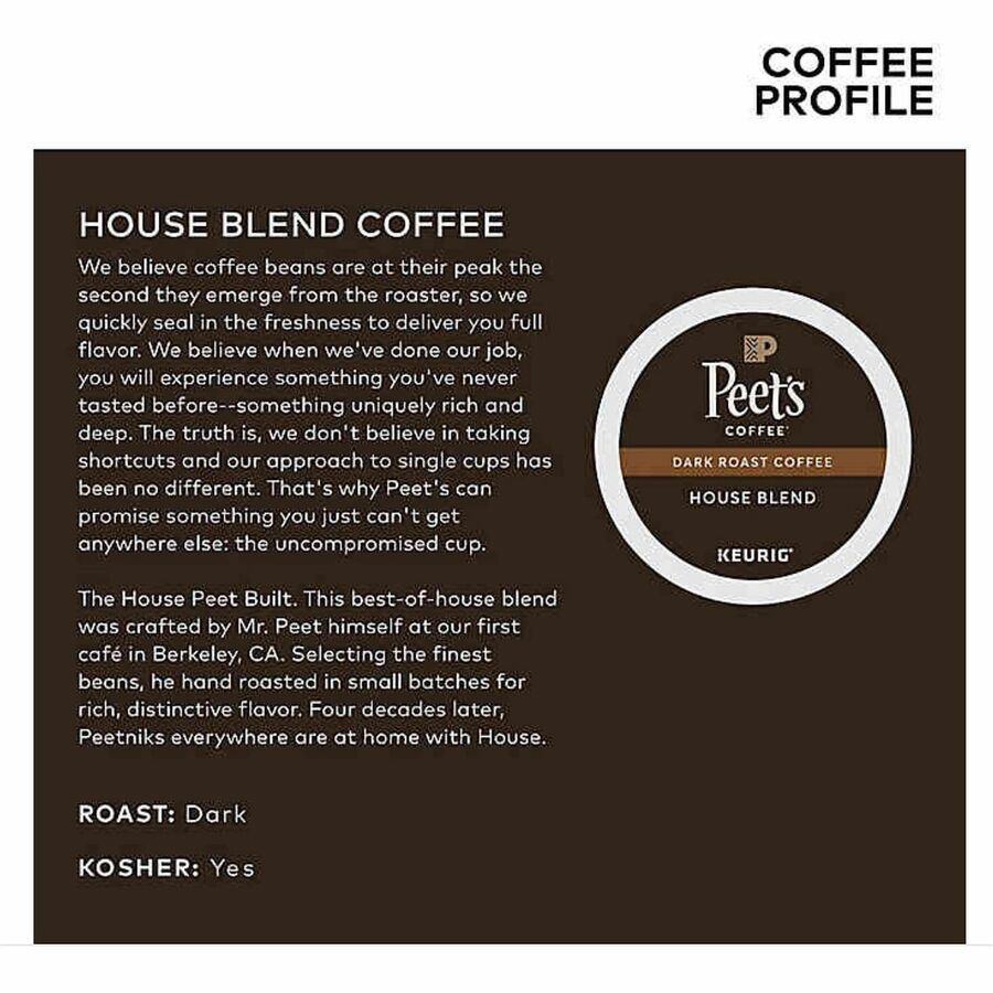 Peet's Coffee® K-Cup House Blend Coffee - Compatible with Keurig Brewer - Dark - 22 K-Cup - K-Cup - House Blend - 4 / Carton