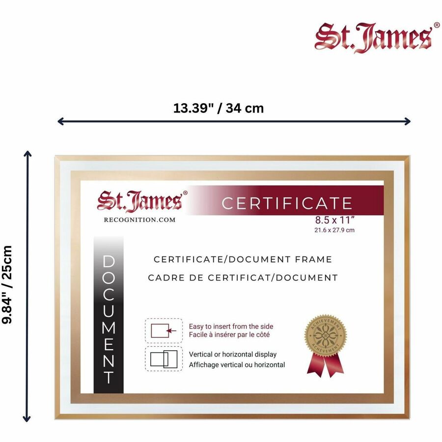 Cadres en verre St. James&reg; pour certificats, diplômes et documents 8,5" x 11" , bordure &eacute;pur&eacute;e, estampage en feuille d'or, paquet de 2