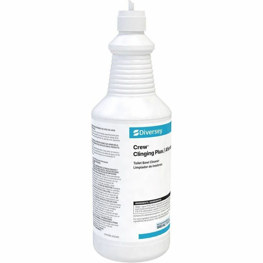 Diversey Crew ClingingPlus Toilet Bowl Cleaner - For Multipurpose - Ready-To-Use - Liquid - 32 fl oz (1 quart) - 1 to 2 pH - Acidic, Citrus Scent - Recommended For: Stain Remover, Odor Remover - Deodorize - Green - 12 / Carton