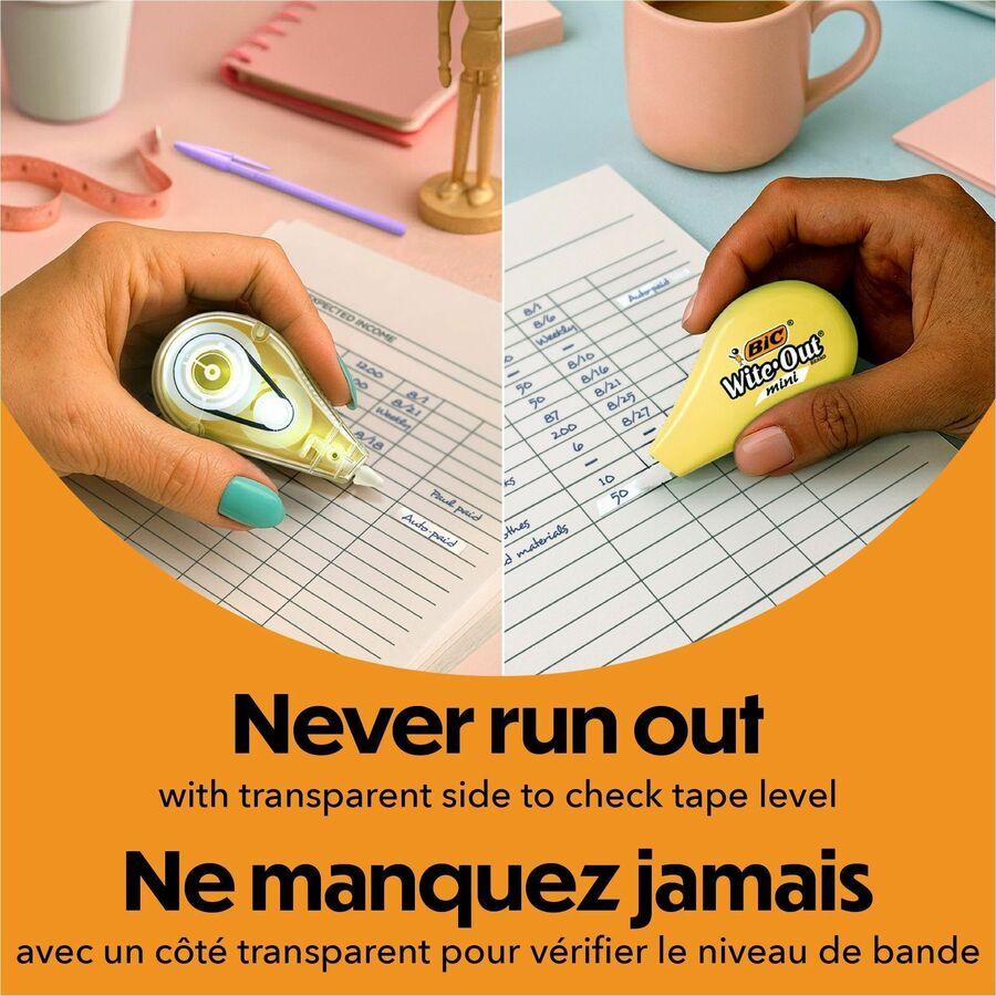 BIC Wite-Out Brand Mini Correction Tape, 6 Metres, 3-Count Pack of White Correction Tape, Pastel Body, Fast, Clean and Easy to Use Tear-Resistant Tape