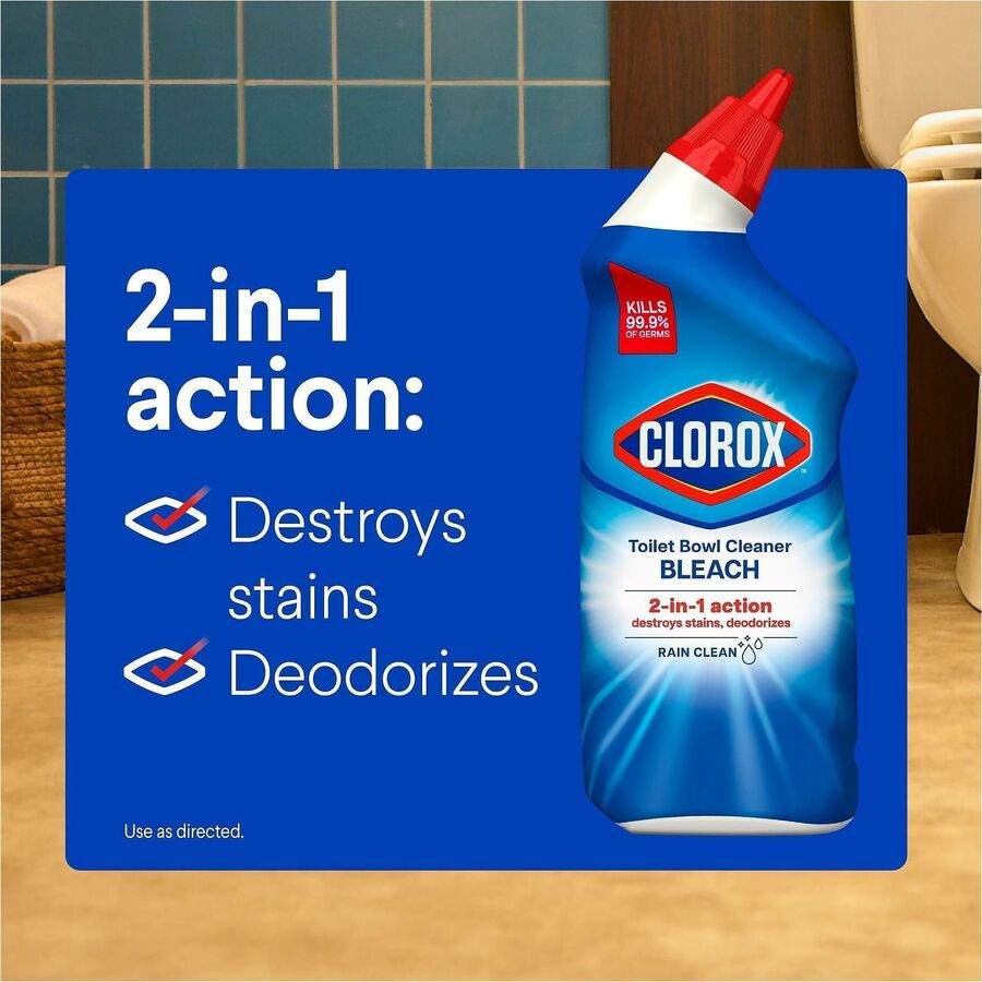 Clorox Toilet Bowl Cleaner with Bleach - For Toilet, Toilet Bowl - 24 fl oz (0.8 quart) - Rain Clean Scent - Recommended For: Stain Remover, Odor Remover, Bacteria Remover, Germs Remover, Mold Remover, Mildew Remover - Deodorize, Disinfectant, Phosphorous
