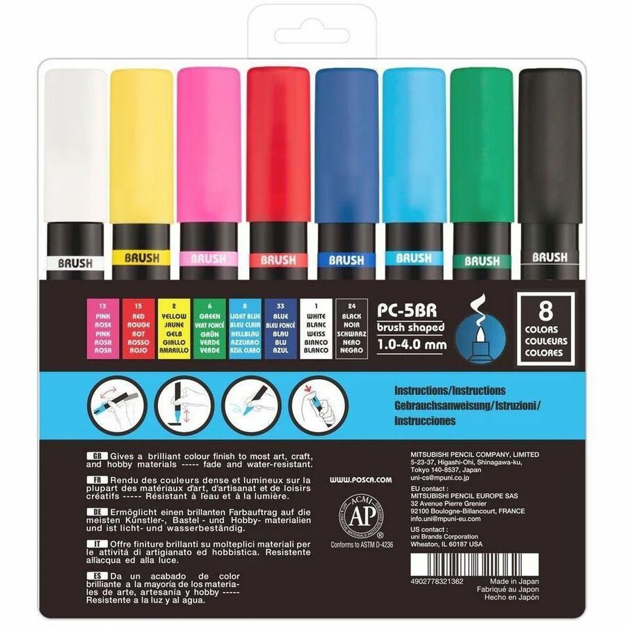 uni&reg; POSCA PC-5BR, Water-Based Brush Tip Paint Markers (8 Pack)