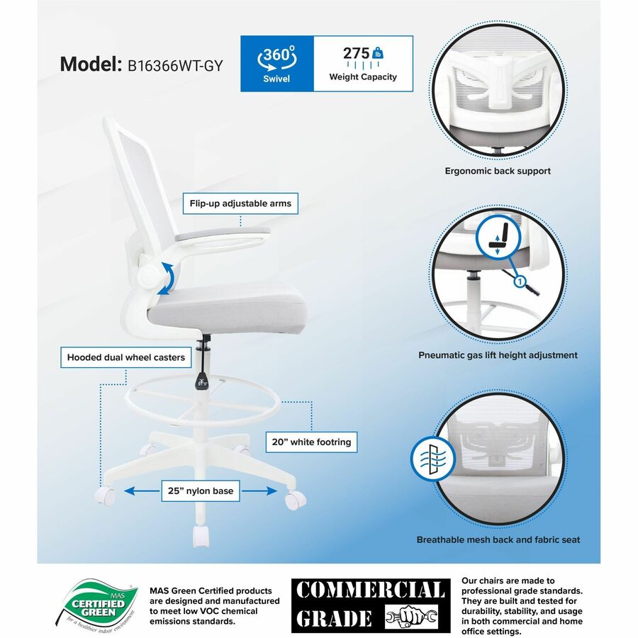 Boss Mesh Flip-Arm Stool - Gray Seat Color - Fabric, Foam Seat Material - Gray Back Color - Mesh Back Material - White Frame Color - 5-star Base - Gray - Mesh, Fabric, Chrome - Armrest - 1 Each