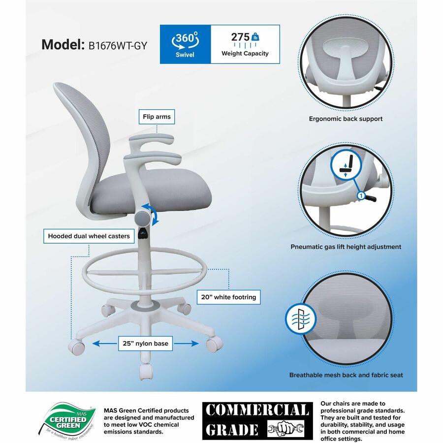 Boss Mesh Flip-Arm Stool - Gray Seat Color - Foam, Fabric Seat Material - Gray Back Color - Mesh Back Material - White Frame Color - 5-star Base - Gray - Mesh, Fabric - Armrest - 1 Each