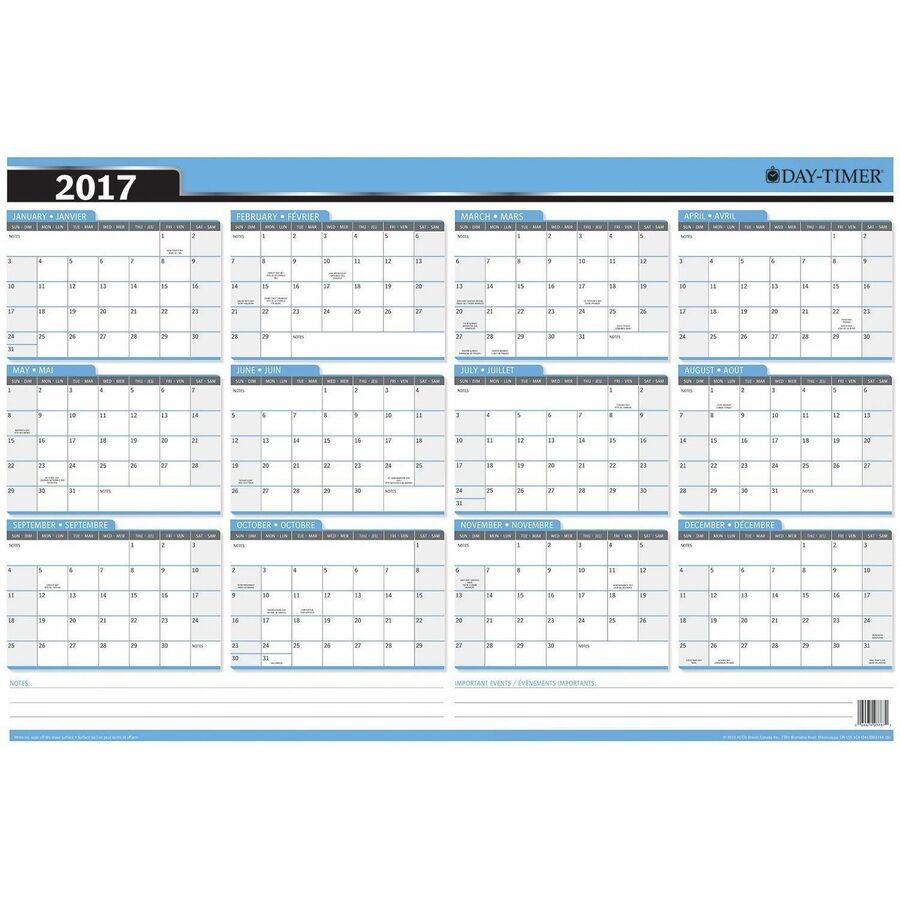 Day-Timer - Planificateur mural flexible effa&ccedil;able vertical/horizontal 2027 - 23 7/8 po H x 36 po l - bleu - bilingue
